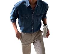 Camicie da uomo in denim con tasche patchwork a maniche lunghe camicia di jeans per uomo cardigan in denim vintage con bottoni in tinta unita, 02 blu scuro., XL