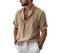 Camicie da uomo in lino a maniche corte camicia estiva da uomo UK Button Down maglietta spiaggia vacanza causale scollo a V leggera hawaiana t-shirt, cachi, L