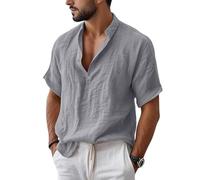 Camicie da uomo in lino a maniche corte camicia estiva da uomo UK Button Down maglietta spiaggia vacanza causale scollo a V leggera hawaiana t-shirt, Grigio, 3XL