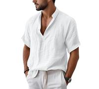 Camicie da uomo in lino a maniche corte camicia estiva da uomo UK Button Down maglietta spiaggia vacanza causale scollo a V leggera hawaiana t-shirt, bianco, 3XL