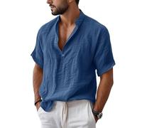 Camicie da uomo in lino a maniche corte camicia estiva da uomo UK Button Down maglietta spiaggia vacanza causale scollo a V leggera hawaiana t-shirt, Marina Militare, XXL