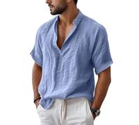Camicie da uomo in lino a maniche corte camicia estiva da uomo UK Button Down maglietta spiaggia vacanza causale scollo a V leggera hawaiana t-shirt, blu cielo, XXL