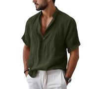 Camicie da uomo in lino a maniche corte camicia estiva da uomo UK Button Down maglietta spiaggia vacanza causale scollo a V leggera hawaiana t-shirt, Verde scuro, XL
