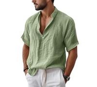 Camicie da uomo in lino a maniche corte camicia estiva da uomo UK Button Down maglietta spiaggia vacanza causale scollo a V leggera hawaiana t-shirt, Verde chiaro, S
