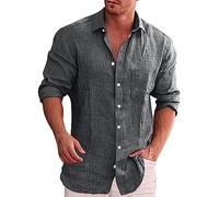 Camicie da uomo in lino, a maniche lunghe, vestibilità comoda, casual, con colletto a fascia, leggera, in tinta unita, ad asciugatura rapida, traspirante, estiva, fresca, spiaggia, vacanze, con tasca