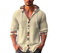 Camicie da Uomo in Lino Comode Leggera Felpe con Cappuccio Estiva Vacanze Cotone E Lino Magliette con Bottoni con Tasca Coreana Henley Shirts Maniche Lunghe Tinta Unita Camicia con Coulisse
