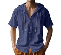 Camicie da uomo in lino grandi e alte, camicia con cappuccio a tinta unita a maniche corte elegante camicia estiva morbida e confortevole top casual non stirato top con tasca, Marina Militare, XL