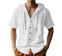 Camicie da uomo in lino grandi e alte, camicia con cappuccio a tinta unita a maniche corte elegante camicia estiva morbida e confortevole top casual non stirato top con tasca, bianco, XXL