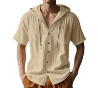 Camicie da uomo in lino grandi e alte, camicia con cappuccio a tinta unita a maniche corte elegante camicia estiva morbida e confortevole top casual non stirato top con tasca, cachi, XXL
