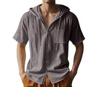Camicie da uomo in lino grandi e alte, camicia con cappuccio a tinta unita a maniche corte elegante camicia estiva morbida e confortevole top casual non stirato top con tasca, Grigio scuro, XL