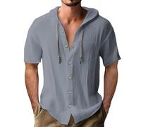 Camicie da Uomo in Lino Leggera Estiva Magliette con Bottoni Vacanze Casual Comode Felpe con Cappuccio Spiaggia Coreana Henley Shirts Tinta Unita con Tasca Camicia con Coulisse
