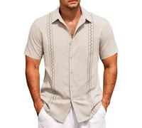 Camicie da uomo manica corta casual button down camicia estiva vacanza t-shirt cubana guayabera top magliette leggere, kaki, 3XL