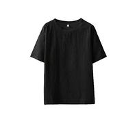 Camicie da uomo oversize in cotone, vestibilità ampia, casual, a girocollo, in lino, maglietta grande e alta, Nero , M