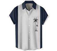 Camicie da uomo vintage da bowling anni '50, casual, a maniche corte, con bottoni, contrastanti, a blocchi di colore, cubane estive, Albero di cocco, XL