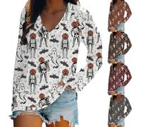 Camicie di Halloween da donna Divertente Fantasma Scheletro Top Plus Size Zucca Costumi di Halloween Spaventoso Festival Abiti Abiti Scollo a V Manica Lunga Magliette Camicetta, Marrone, L