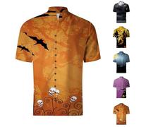 Camicie di Halloween da uomo a maniche corte con bottoni T-shirt in lino colletto alla coreana costumi camicia a tema spettrale top per feste, Orange Halloween Camicie per Uomo, 5XL