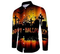 Camicie di Halloween da uomo a maniche lunghe Button Down Camicia a tema spettrale T-shirt Horror Night Pattern Stampa Costumi Top, Orange Halloween Camicie per Uomo, S