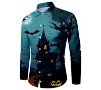 Camicie di Halloween da uomo a tema spettrale T-shirt Horror Night Pattern Stampa Costumi Manica Lunga Button Down Camicia Top, Camicie Blu Halloween per Uomo, XXL