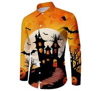 Camicie di Halloween da uomo a tema spettrale T-shirt Horror Night Pattern Stampa Costumi Manica Lunga Button Down Camicia Top, Orange Halloween Camicie per Uomo, S