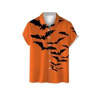 Camicie di Halloween da uomo a tema spettrale T-shirt ragnatela pipistrelli costumi lettera stampa camicia manica corta Button Top, Orange2 Halloween Camicie per Uomo, 3XL