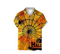 Camicie di Halloween da uomo a tema spettrale T-shirt ragnatela pipistrelli costumi lettera stampa camicia manica corta Button Top, Orange3 Halloween Camicie per Uomo, S