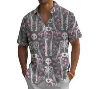 Camicie di Halloween da uomo, camicie casual a maniche corte con stampa scheletrata, vestibilità ampia, abbigliamento alla moda da spiaggia, Teschio di Halloween Rosa, L
