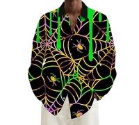 Camicie di Halloween da uomo con stampa ragnatela camicia a maniche lunghe costumi spaventosi magliette hawaiane casual button down top, Camicie verdi di Halloween per gli uomini, S