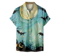 Camicie di Halloween da uomo Jack-O-Lantern Candy T-Shirt Demone Spooky Theme Costumi Manica Corta Button Down Camicia Top, Camicie di Halloween Blu Chiaro per Uomo, M
