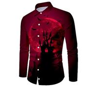 Camicie di Halloween per gli uomini a maniche lunghe Button Down Camicia horror spettrale Tema T-shirt Night Pattern Stampa Costumi Top, Camicie rosse di Halloween per gli uomini, 3XL