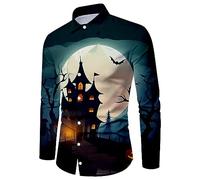 Camicie di Halloween per gli uomini a maniche lunghe Button Down Camicia horror spettrale Tema T-shirt Night Pattern Stampa Costumi Top, Camicie Blu Halloween per Uomo, 3XL