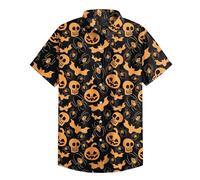 Camicie di Halloween per gli uomini Carino Dancing Skull Skeleton Print Shirt Manica Corta Button Down T-Shirt Horror Costume Top, Orange Halloween Camicie per Uomo, XXL