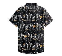 Camicie di Halloween per gli uomini Carino Dancing Skull Skeleton Print Shirt Manica Corta Button Down T-Shirt Horror Costume Top, Camicie nere di Halloween per gli uomini, L