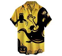 Camicie di Halloween per gli uomini Dark Night Pattern Camicia Jack O' Lanterna Costumi Tshirt Spaventoso Manica Corta Button Down Top, Giallo Halloween Camicie per Uomo, XXL
