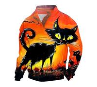Camicie di Halloween per gli uomini Felpa Stampa Gatto 1/4 Button Down Stand Collar Pullover Top Autunno Casual Camicia a maniche lunghe, Nero, L