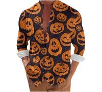 Camicie di Halloween per gli uomini Fun Pumpkins Print Shirt Jack O Lantern Costumi Manica Lunga Button Down Hawaiian T-Shirts, Orange2 Halloween Camicie per Uomo, XXL