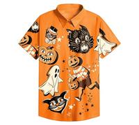 Camicie di Halloween per gli uomini Funky Horror Twilight Pattern Print Shirt Manica Corta Cute Cats T-Shirt Costume Button Top, Orange Halloween Camicie per Uomo, XL