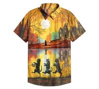 Camicie di Halloween per gli uomini Funky Horror Twilight Pattern Print Shirt Manica Corta Cute Cats T-Shirt Costume Button Top, Camicie Beige Halloween per Uomo, XL