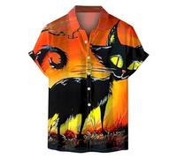 Camicie di Halloween per gli uomini Gatto che tiene un Jack-O-Lanterna Stampa T-Shirt Spettrale Zucca Costumi Manica Corta Button Shirt, Orange Halloween Camicie per Uomo, S