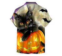 Camicie di Halloween per gli uomini Gatto che tiene un Jack-O-Lanterna Stampa T-Shirt Spettrale Zucca Costumi Manica Corta Button Shirt, Camicie nere di Halloween per gli uomini, S