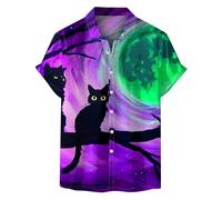 Camicie di Halloween per gli uomini Gatto Seduto sulle zucche T-shirt Spettrale Tema Party Costumi Manica Corta Button Down Camicia, Camicie Viola Halloween per Uomo, M