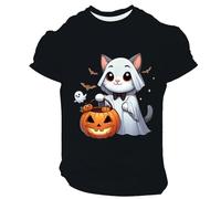 Camicie di Halloween per gli uomini Ghost Cat Holding Jack-O-Lantern Print Shirt Cute Tees Manica Corta Girocollo T-Shirt Top, Nero , L
