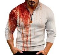 Camicie di Halloween per gli uomini Horror Bloody Print Felpa Tie Dye Camicia Quarter Zip Manica Lunga Scollo a V Pullover Top, Bianco, S