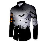 Camicie di Halloween per gli uomini Horror Night Pattern Stampa Costumi Spooky Theme T-shirt Manica Lunga Button Down Camicia Top, Grigio Halloween Camicie per Uomo, S