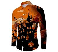 Camicie di Halloween per gli uomini Horror Night Pattern Stampa Costumi Spooky Theme T-shirt Manica Lunga Button Down Camicia Top, Camicie nere di Halloween per gli uomini, XL