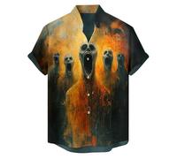Camicie di Halloween per gli uomini Horror Skeleton Skull Night Print T-shirt Spooky Theme Costumi Manica Corta Button up Top, Orange Halloween Camicie per Uomo, 5XL
