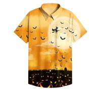 Camicie di Halloween per gli uomini Horror Skeleton Skull Night Print T-shirt Spooky Theme Costumi Manica Corta Button up Top, Z01-orange Halloween Camicie per Uomo, L