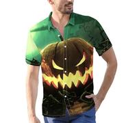Camicie di Halloween per gli uomini Jack O' Lantern Costumi Horror Zucche Face Shirt Top Manica Corta Button Down T-shirt, Camicie verdi di Halloween per gli uomini, XXL