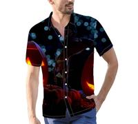 Camicie di Halloween per gli uomini Jack O' Lantern Costumi Horror Zucche Viso Camicia Top Spaventoso Manica Corta Button T-shirt, Camicie rosse di Halloween per gli uomini, XL