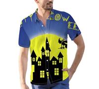 Camicie di Halloween per gli uomini Jack O' Lantern Costumi Horror Zucche Viso Camicia Top Spaventoso Manica Corta Button T-shirt, Camicie Blu Halloween per Uomo, 5XL
