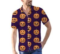 Camicie di Halloween per gli uomini Jack O' Lantern Costumi Manica Corta Button Down T-Shirts Pumpkins Face Print Shirt Top, Camicie Viola Halloween per Uomo, 4XL